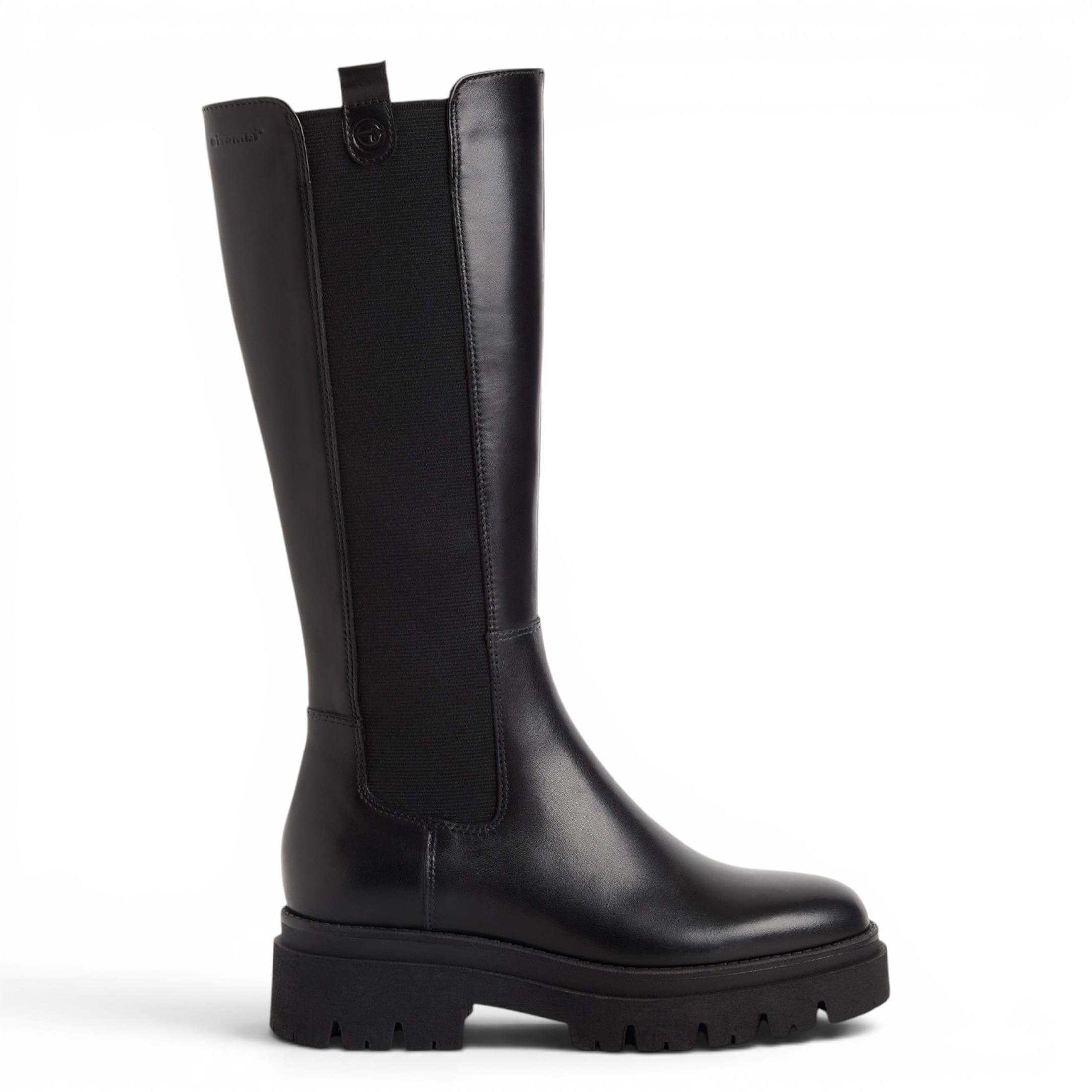 Tamaris Schwarze Lederstiefel mit kniehohem Plateauabsatz – 25608-41