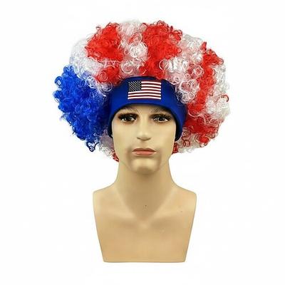 Afro-Perücke mit mehrfarbigen Länderflaggen und passendem Stirnband – farbenfrohes Locken-Accessoire zum Anfeuern von Sportfans