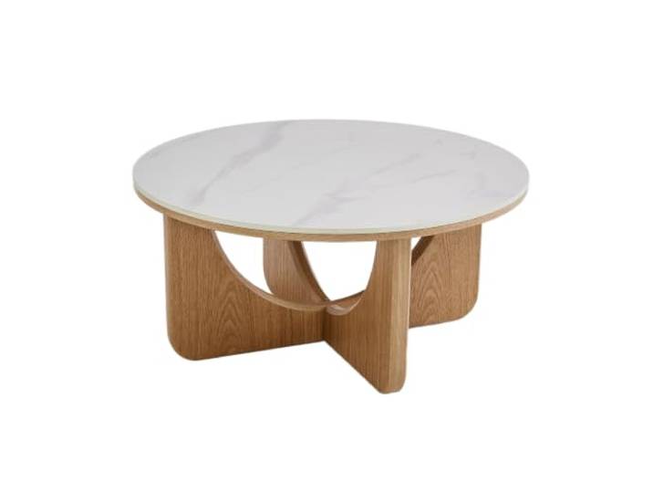 Riess Ambiente Couchtisch ENSO - 80x80cm - weiß - Keramik Marmor Eichenholzgestell, gestell: natur, für Wohnzimmer, rund, pflegeleichte Oberfläche, belastbar bis 120 kg