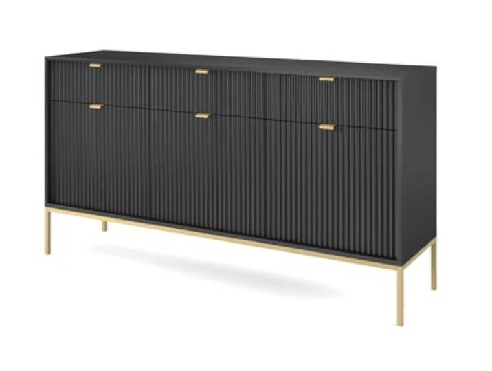 Emporius Sideboard mit Schubladen Galla - Dreitürige Sideboard 150 cm, Wohnzimmer - Gold Griffen, geriffelten Fronten - Schwarz + Gold