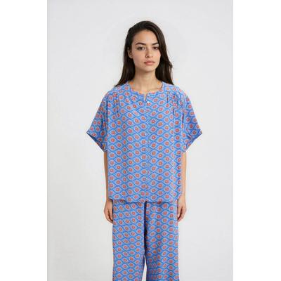 Kurzarmbluse SMITH & SOUL, Damen, Gr. L, blau (indigo), Web, Material: 100% Viskose, bedruckt, regular fit normal, Rundhals, Fledermausärmel gerader Abschluss, Blusen, mit All Over Print