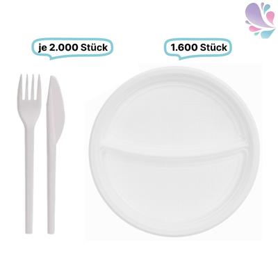 Blanc HYGIENIC SET: Menüteller & Besteck, Mehrwegbesteck, 1600x Teller & 2000x Besteck, weiß, robust, Premium Qualität