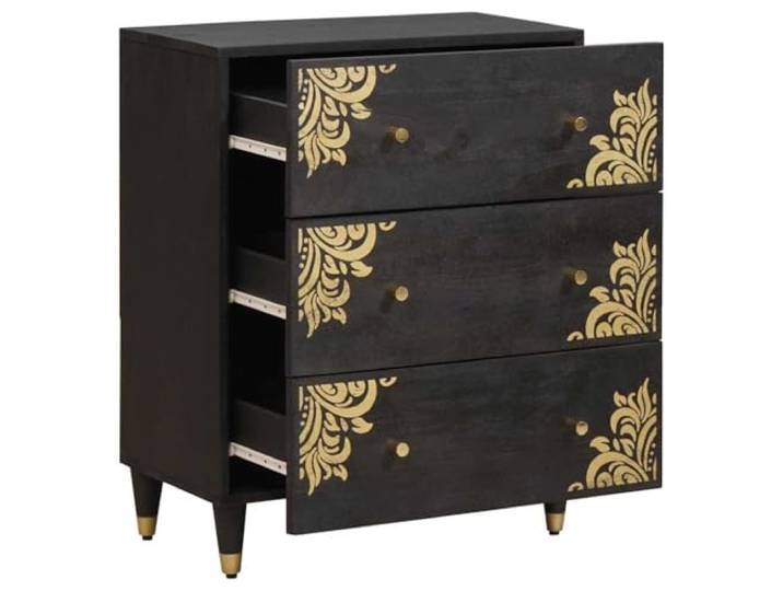 QINXIXINAIXI Sideboard Schwarz 60 x 33 x 75 cm Massivholz Mango Goldene Knöpfe, goldene Beine, rechteckige Form, Mangoholz, Wohnzimmer, Esszimmer, trockenes Tuch