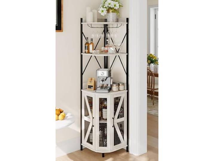 IDEALHOUSE 72-Zoll Eck-Weinschrank Mit LED-Beleuchtung, Steckdose 12 Farben – Industrie-Bar-Cabinet aus Holzwerkstoff mit Glasböden für Wohnzimmer & Esszimmer – Farbe: Grau