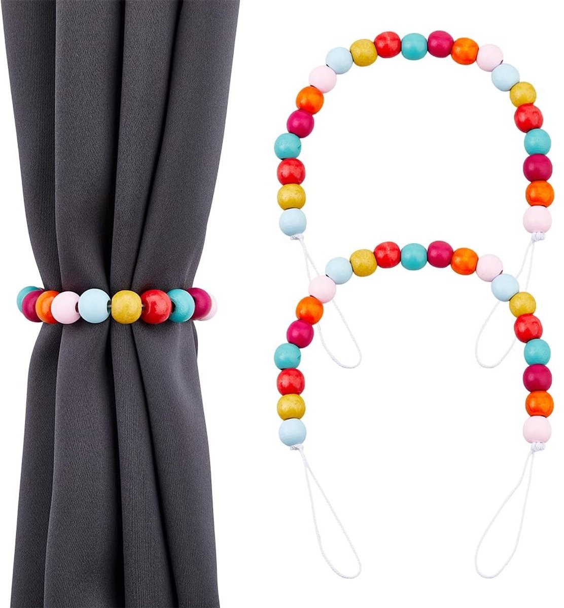 Set van 2 kleurrijke Boho gordijnhouders van houten kralen van Cosensi Dailygoods