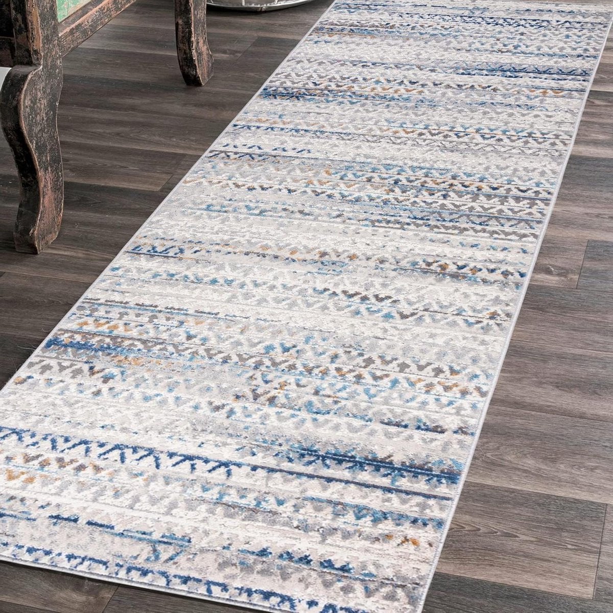 Loper Tapijt Gangloper - Laagpolig Vloerkleed met Abstract Patroon - Grijs Blauw - B: 80 cm, L: 250 cm