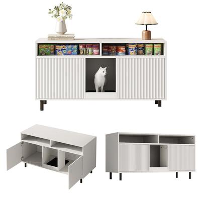 OKWISH Katzenstreukasten-Schrank 120x50x66 cm mit Rippen-Türen, Stauraum, 2 Katzenstreukästen, Sandfangmatte, Regal, modern Weiß