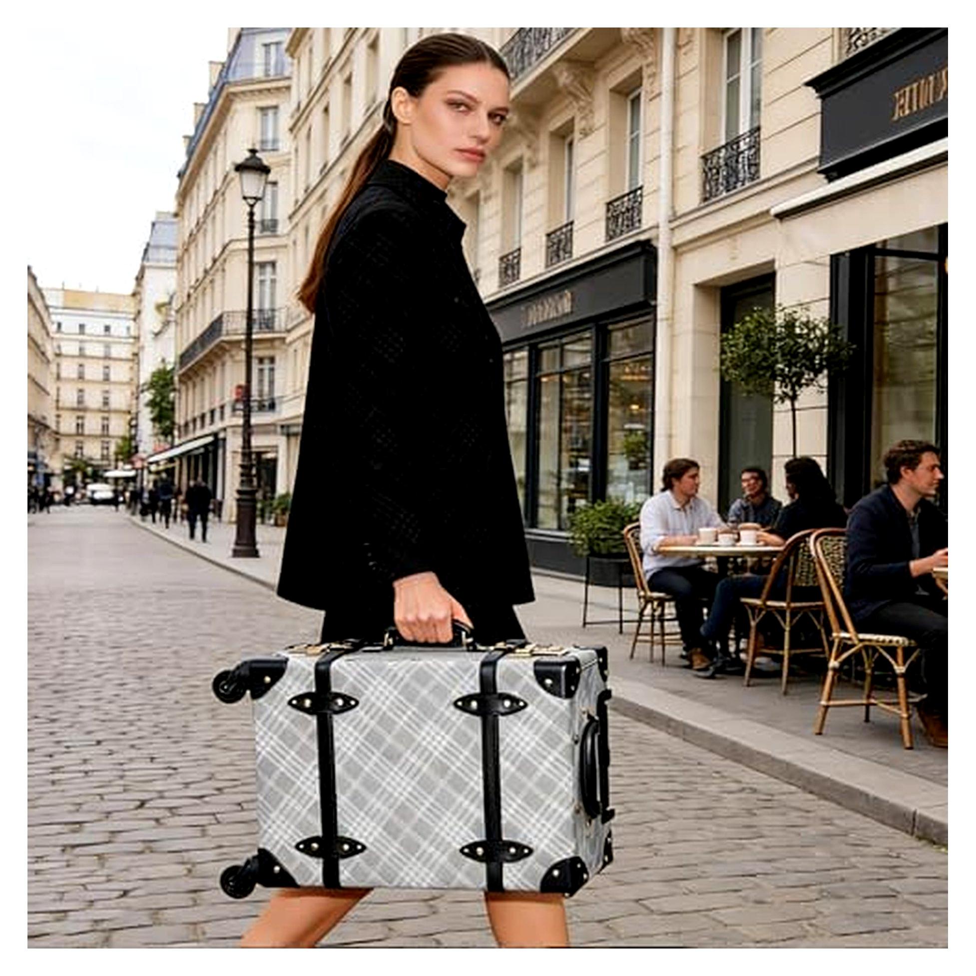 Vintage Kofferset für Damen und Herren aus Kunstleder, Retro-Gepäck mit Kosmetiktasche für Wochenendausflüge, Grau mit Karomuster, 20" und 12"