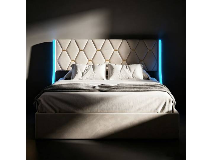 Lit 160x200 avec sommier lit coffre 160x200 cadre de lit 160x200 lit 2 personnes avec LED tissu en velours beige