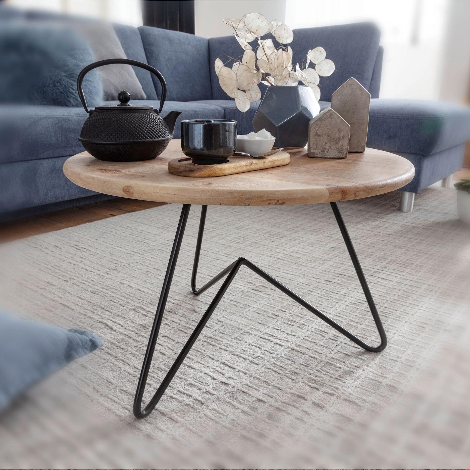 FineBuy Couchtisch Akazie Massivholz rund 60cm Wohnzimmertisch Metallgestell