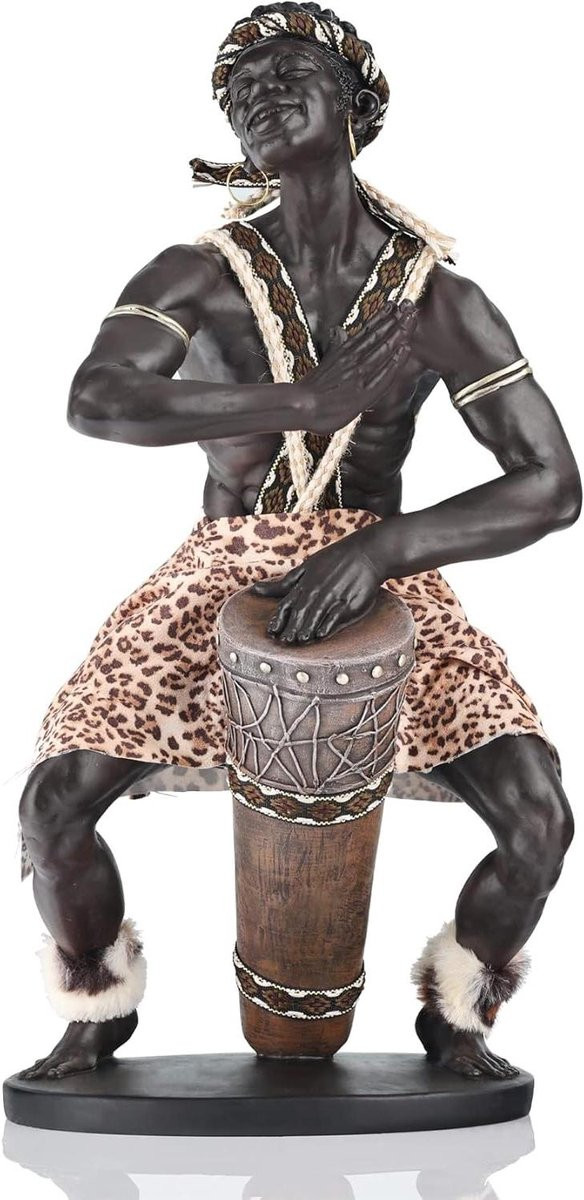 Handgesneden Afrikaans Drumspeler Beeldje - Tribale Decoratie - Donkerbruin - Hoogte: 38,1 cm