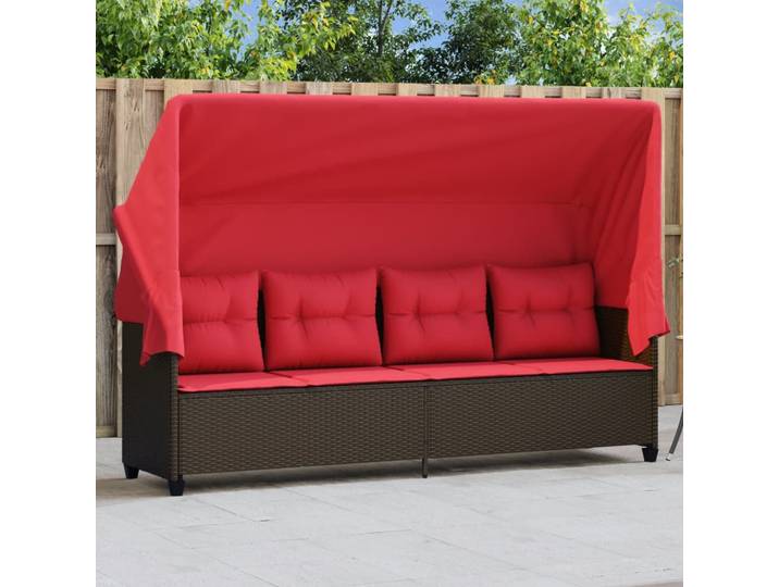 vidaXL Sonnenliege mit Dach und Kissen Braun Poly Rattan