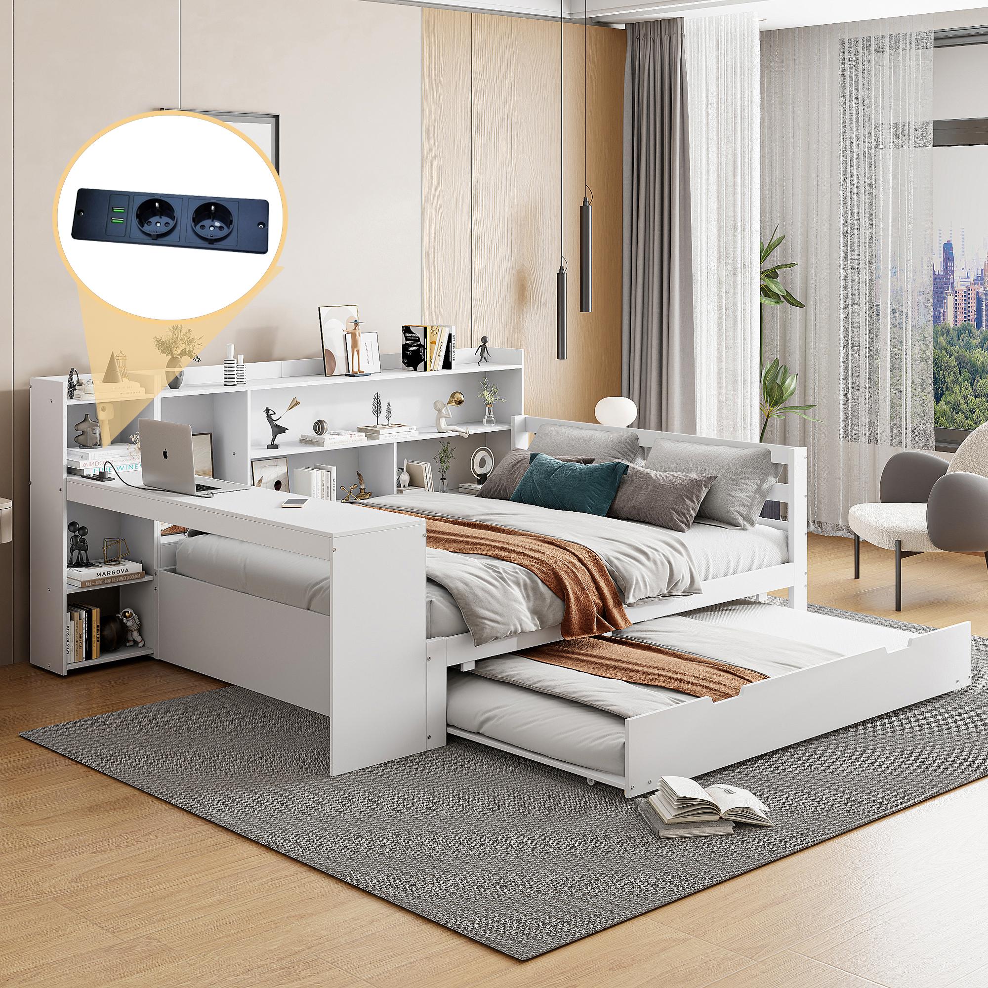 Schlafsofa aus Massivholz 140×200cm (weiß): Schreibtisch, Bücherregal, Stauraum/Ablagen, Steckdosen, Ausziehbett. (Multifunktionales Doppelbett)