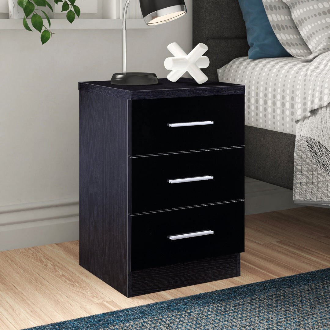 Zipcode Design Eva High Gloss 3 Drawer Bedside Table - H: 59.5cm x D: 38cm x W: 39.5cm Black Oak/Gloss Black 59.5cm H X 39.5cm W X 38cm D