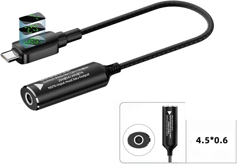 INF Adaptateur 140W DC vers Type-C avec Affichage Numérique, Câble Court - 4.5x0.6mm Femelle vers USB-C Mâle