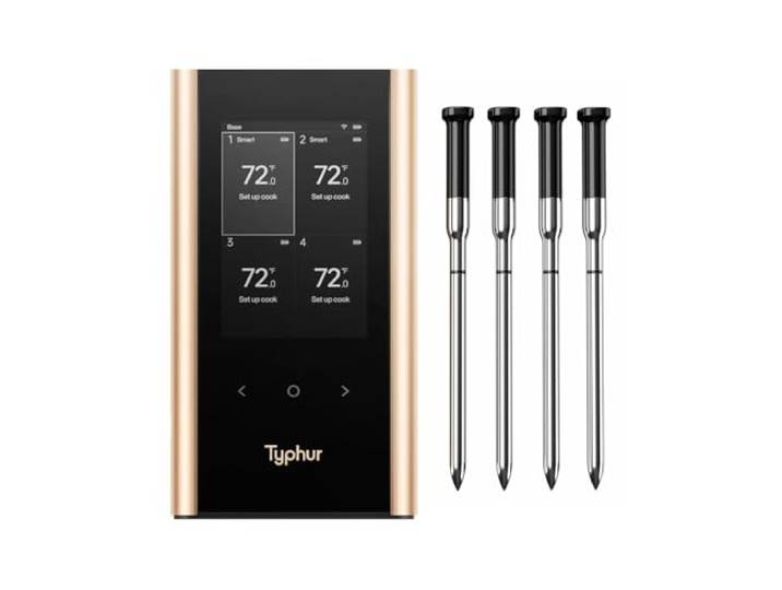 Typhur Sync Gold Fleischthermometer Kabellos mit 4 Schlanke Sonden, KI APP Smart Grillthermometer kabellos mit 6 Sensoren, 10x Stärkeres Signal, ±0,3°C Genauigkeit, Aluminium Basis, IPX8 Wasserdicht