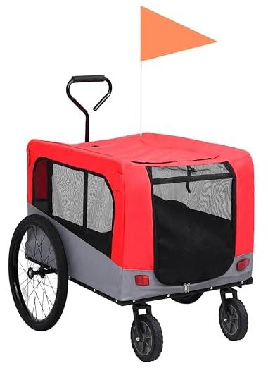 2-in-1 Fahrradanhänger für Hunde und Buggy, rot und grau, mit Federung, Oxford-Gewebe, Mesh-Fenstern, 360° drehbarem Vorderrad und Schnellkupplung