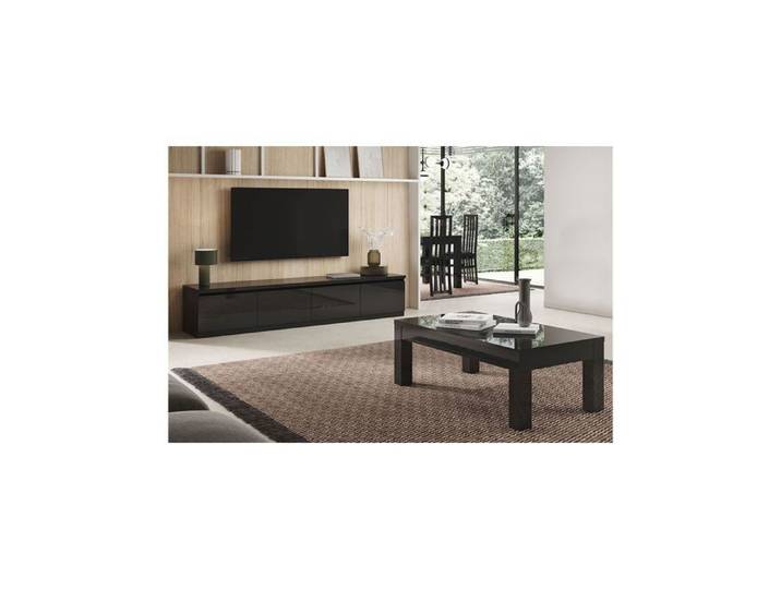 DEYTON - Ensemble Salon Laqué Noir Meuble TV 4 Portes + Table Basse 127cm