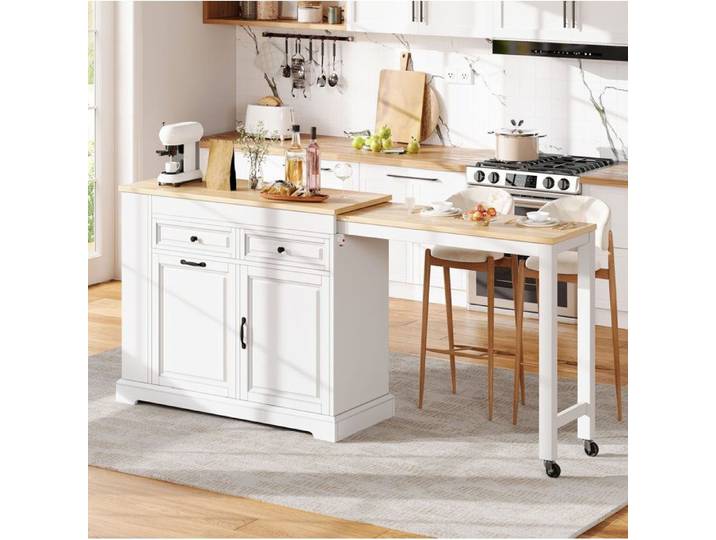 VUENOR Îlot central de cuisine sur roulettes blanc et naturel avec plateau extensible