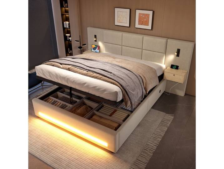 WUVRIE Lit coffre 180 x 200 cm en velours beige avec tête de lit rangement LED et USB-C