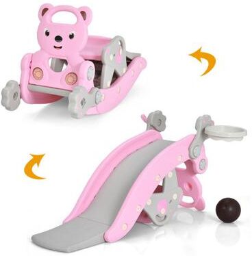 Costway 4-in-1 Toddler Slide and Rocking Horse Playset with Basketball Hoop-Pink