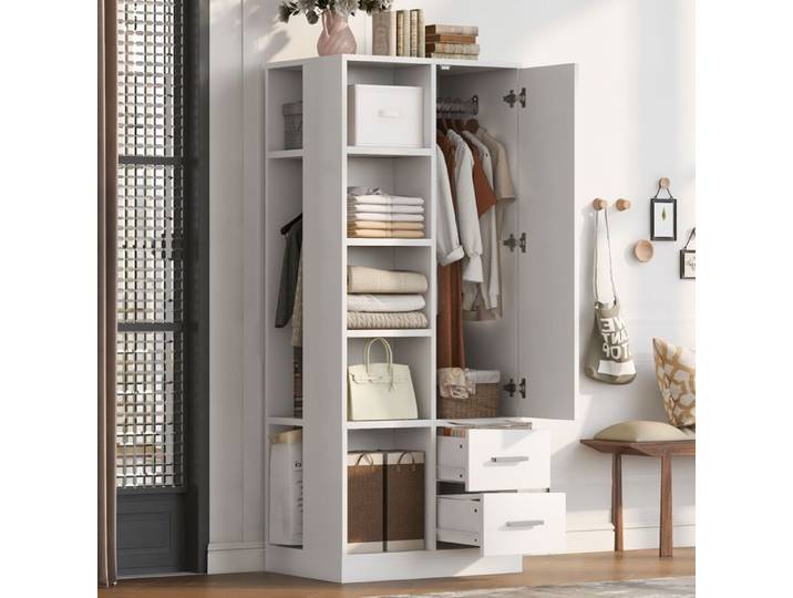 Armoire Chambre Vestiaire d'Entrée Blanche - 70 x 50 x 170 cm - avec 2 Tringles Étagères et 2 Tiroirs pour Chambre