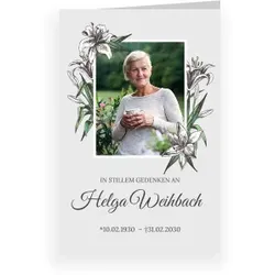 Einladungskarte Trauerfeier: Lilienkranz mit Foto in Grau