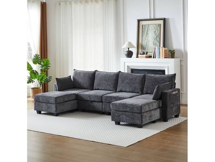Canapé d'angle modulable 6 places EVRYAE - convertible avec rangement configuration L ou U - Gris
