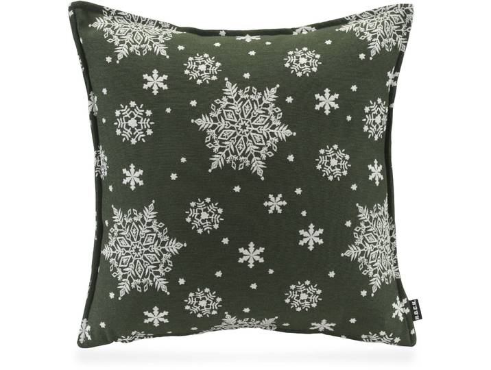 Dekokissen H.O.C.K. Snow Flakes , grün (dunkelgrün, tannengrün, gemustert), B:50cm H:10cm L:50cm, Obermaterial: 42% Polyester, 37% Polyacryl, 21% Baumwolle. Füllung: 100% Polyester, Dekokissen_Sitzkissen_Kissenhüllen, Dekokissen, Schneeflocke, traditionell, bestickte Schneeflocken, inkl. Füllung