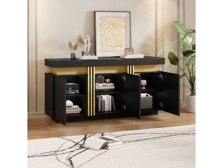 Buffet Bas- 140cm - Design Moderne avec Plateau Marbré - 3 Portes sans Poignées - Noir & Or