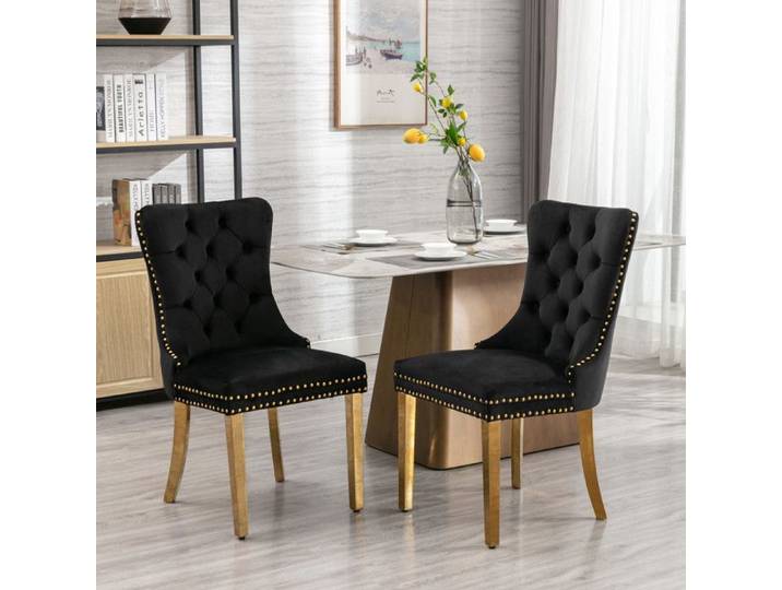 Chaise en velours - A&A Furniture - Velours rembourré - Pieds plaqués acier inoxydable doré - Lot de 2 - Noir et or