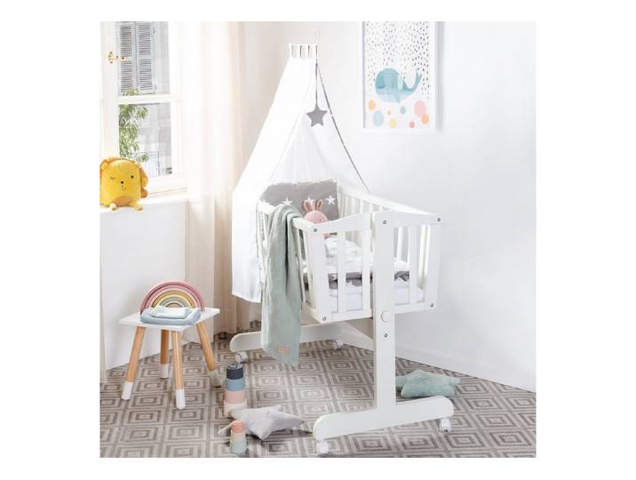 roba® Babybett Komplettwiegenset Little Stars - Matratze, Bettwäsche, Bettdecke, Stubenwagen & Wiege aus Holz in Weiß / Grau