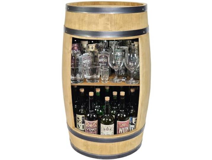 kadamahu Fassbar mit Ablage, Farbton Helle Eiche, 80 cm, Ø 50 cm Offener Zugriff, zwei Ebenen für bis zu 40 Flaschen à 0,75 l; Erlenholzkonstruktion, Einlegeboden ohne Werkzeug einsetzbar