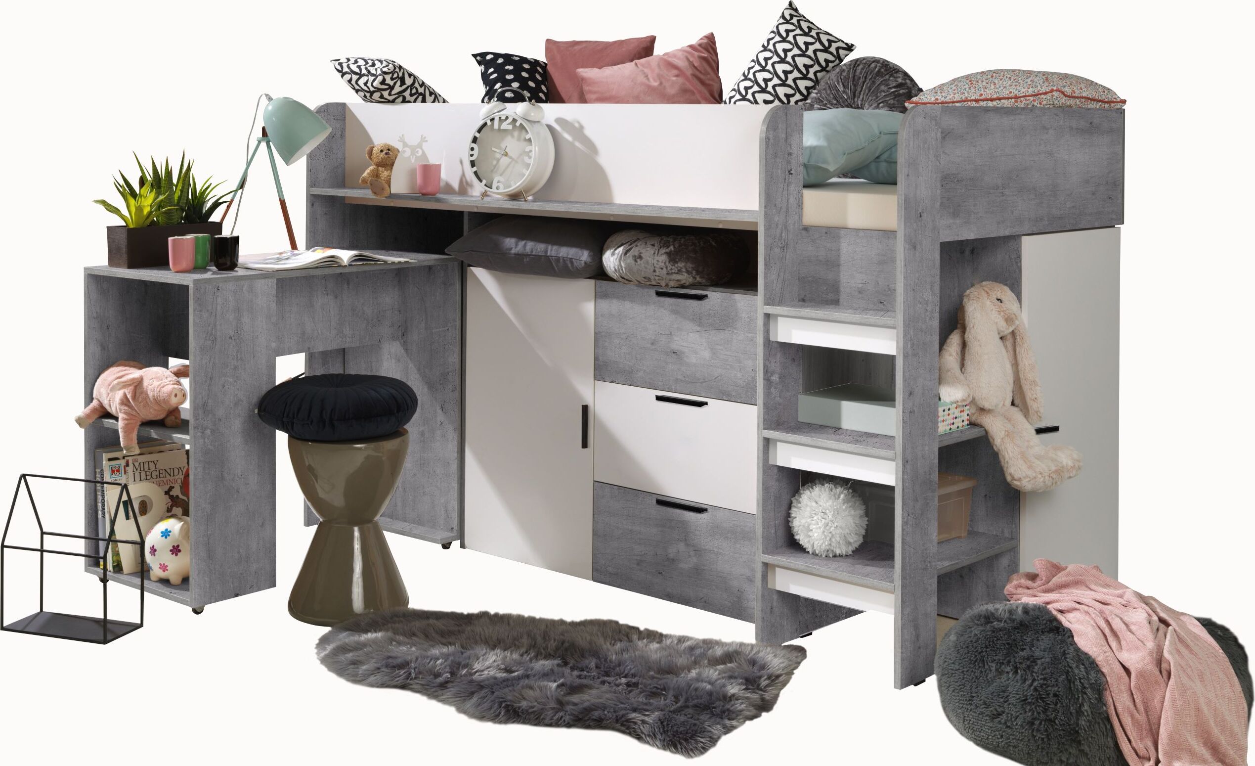 Etagenbett für Kinder KONKRET 1 Stockbett mit Treppe, Kleiderschrank und Schreibtisch (Beton + Weiß)