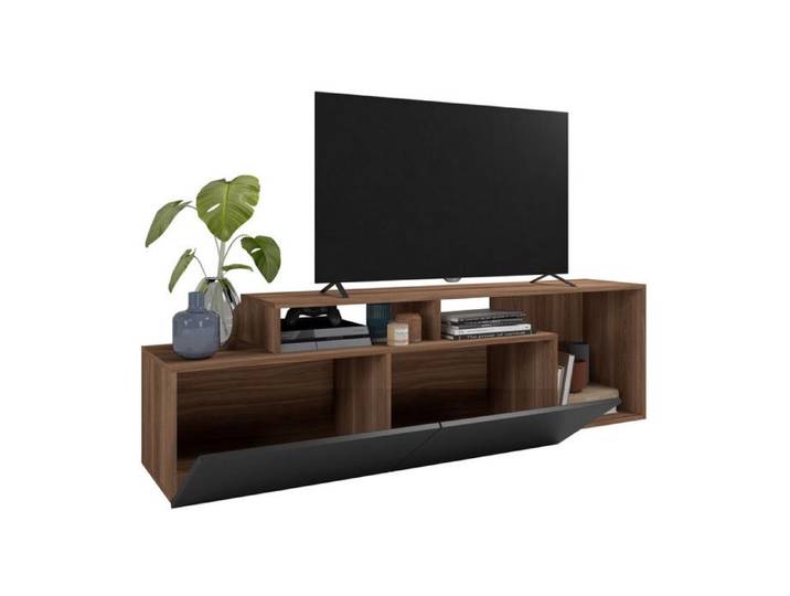 Meuble TV 50 Pouces - ACTUAL DIFFUSION - Noir et Châtaignier - 2 Portes Abattantes - 6 Niches - Bar