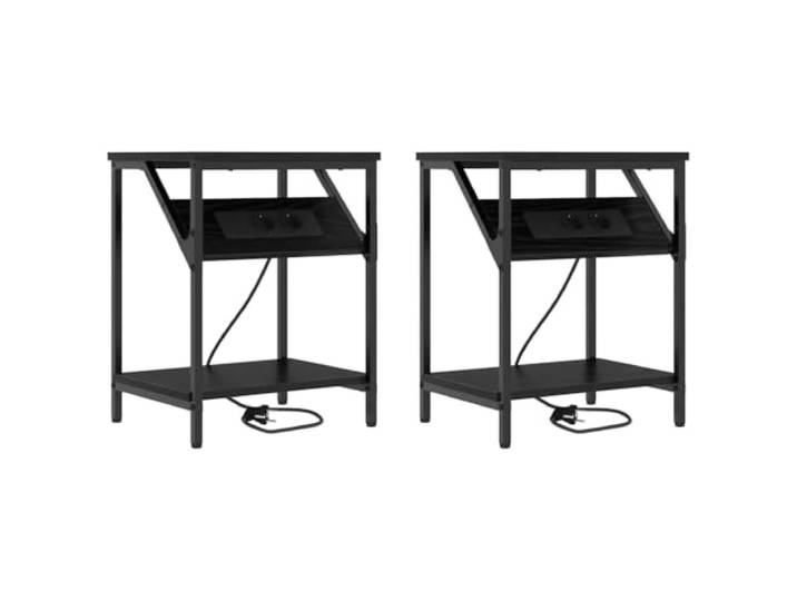 KUPTYERFG Nachttisch 2er Set mit Steckdose Schwarz Eichen-Optik 38x30x48cm Kompakter Beistelltisch im Schlafzimmer mit 2 offenen Ablagen und integrierten Anschlüssen für Mobilgeräte.