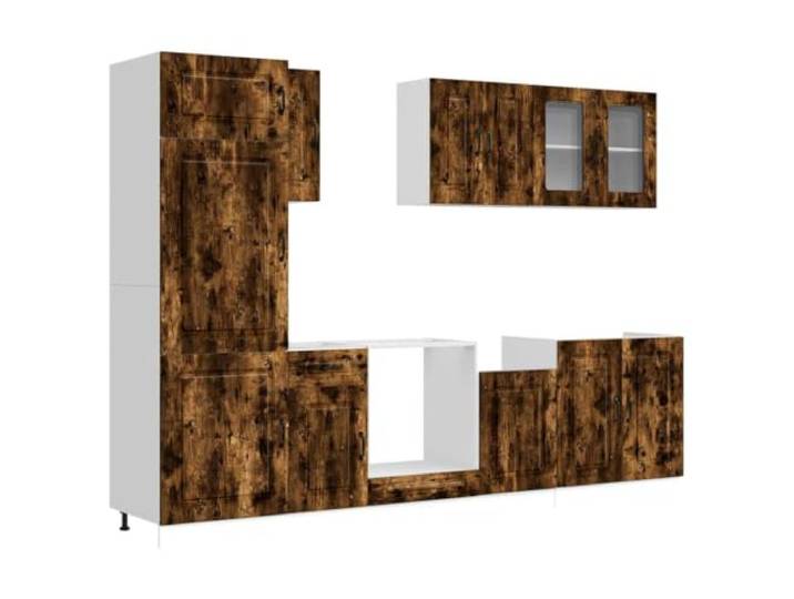 fsahslih 8-TLG Küchenschrank-Set Kalmar Räuchereiche Holzwerkstoff Stilvolle Küchenzeile in Räuchereiche-Optik mit Glaselementen und verstellbaren Füßen für flexible Küchen und Esszimmer.