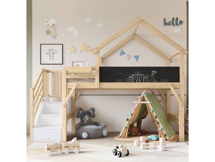 Lit Mezzanine Enfant - SOGEU - Lit mezzanine cabane enfant - 90x200 - Escalier 3 tiroirs - Tableau noir