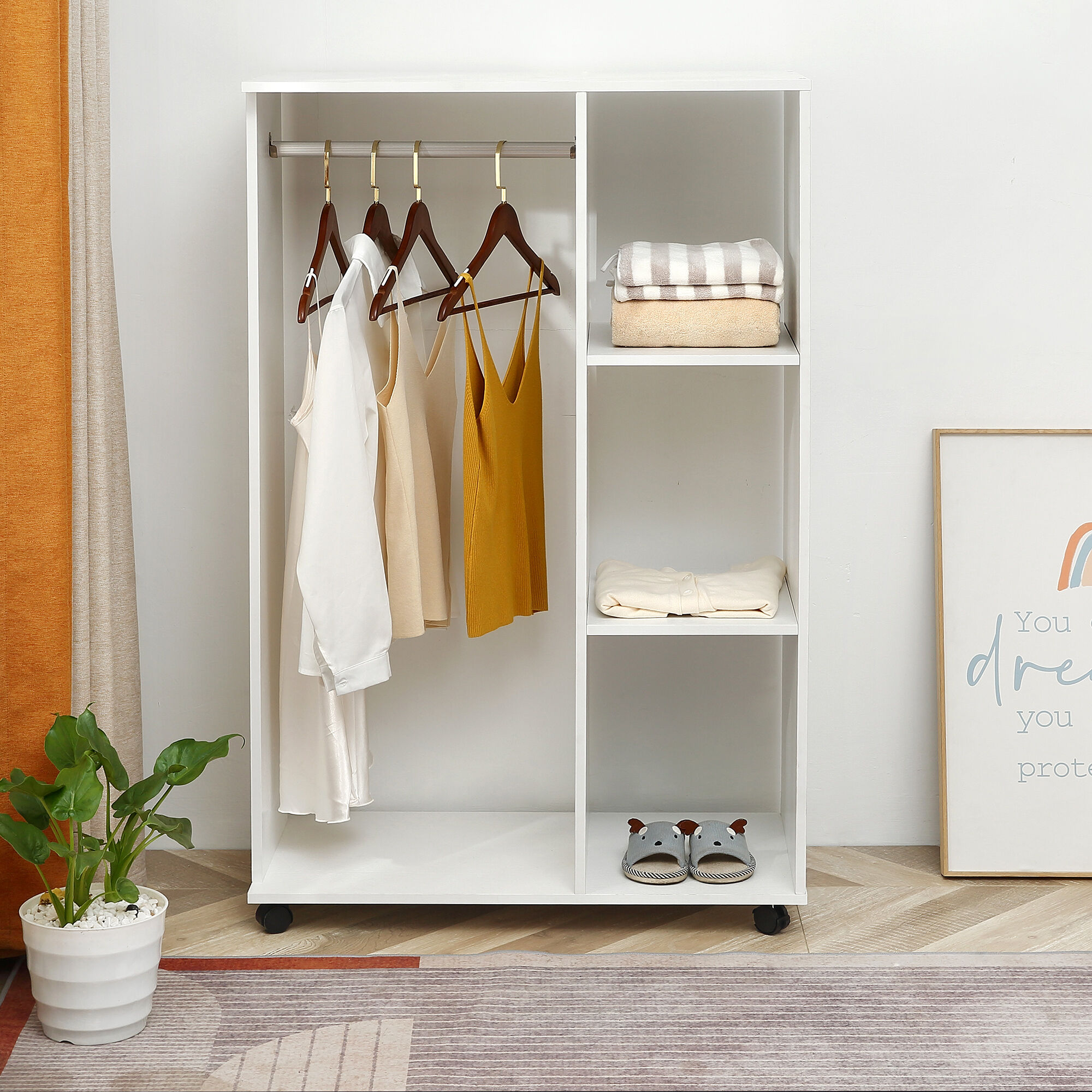 Altro E Armadio Guardaroba Con Ruote In Legno, Bianco, 80x40x128cm