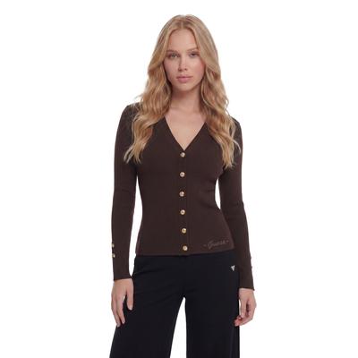 Cardigan GUESS "LS VN ELLIE CARDI SWTR", Damen, Gr. L, braun (schwarz coffee), Rippstrick, Obermaterial: 71% Viskose, 29% Polyamid, unifarben, normal, V-Ausschnitt, mit Knöpfen,Ärmel mit Ärmelschlitz, Strickjacken, mit geknöpften Ärmelenden, Viskosemix