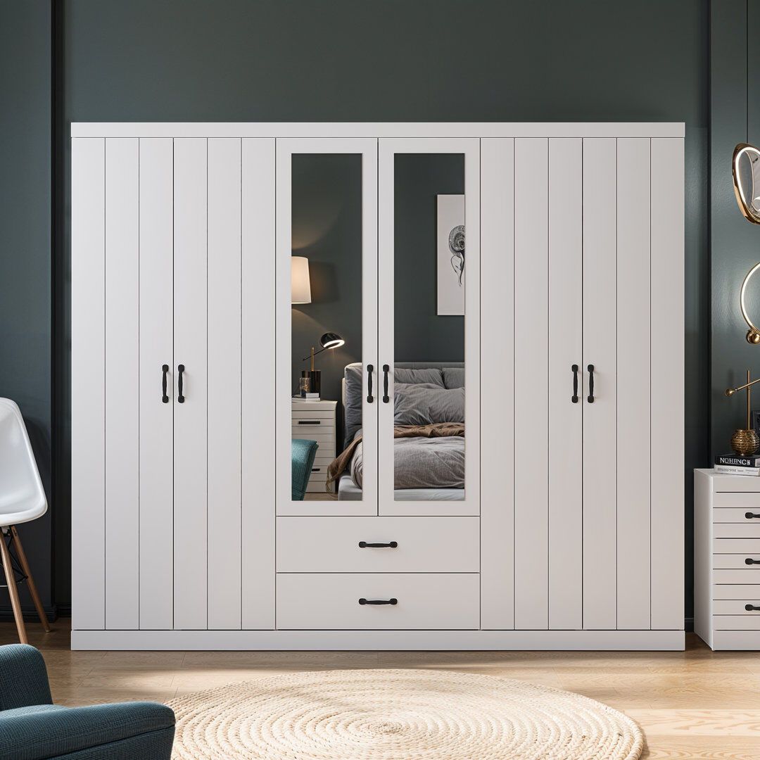 17 Stories Allington 6 Door 2 Drawer Wardrobe With Mirror White 180cm H X 209.4cm W X 53cm D