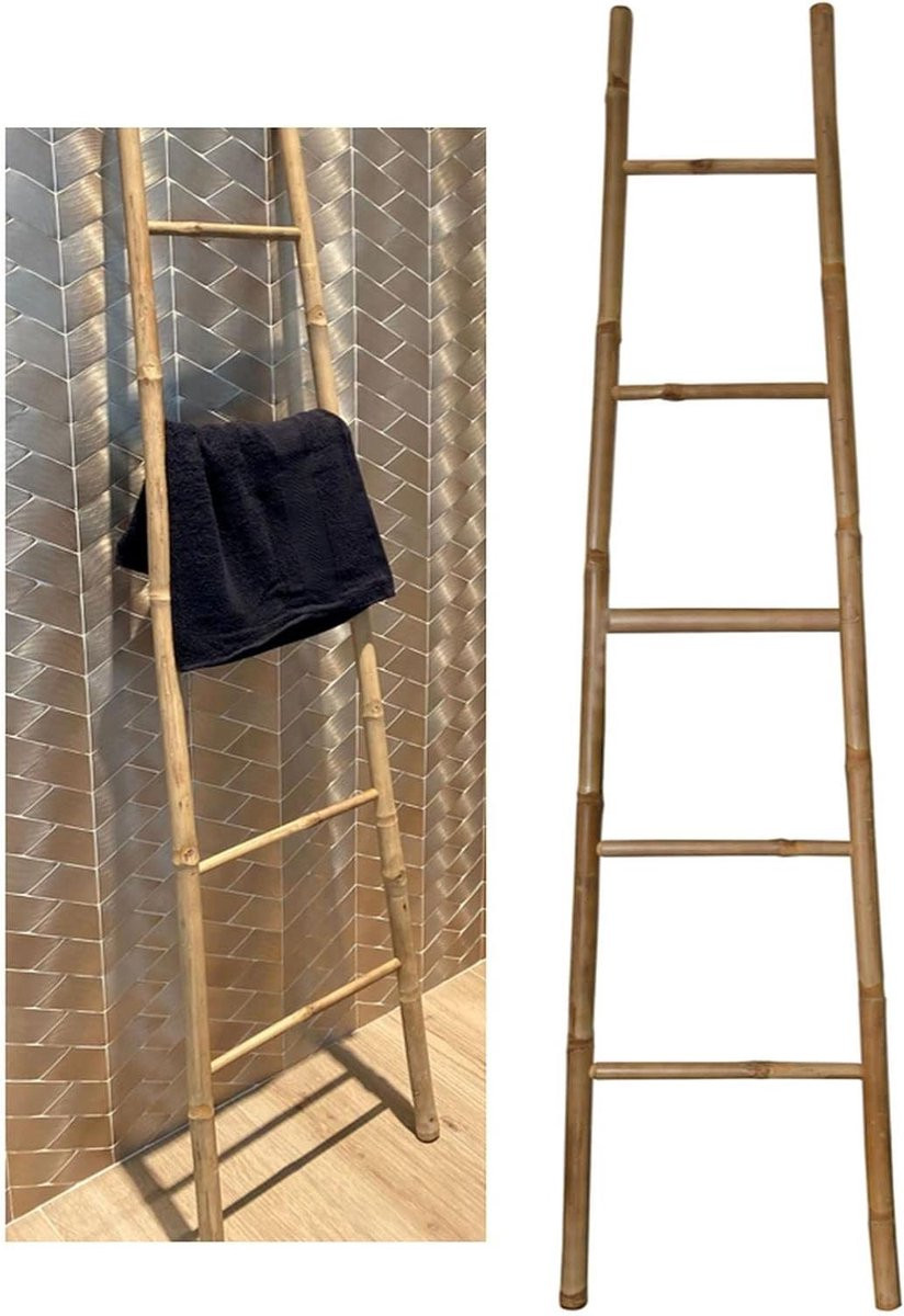 Bruine bamboe handdoekhouder ladder voor badkamerorganisatie, Hoogte: 150 cm