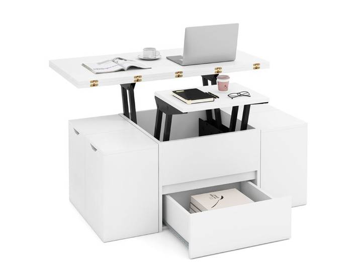 3 en 1 Table Basse avec Plateau Relevable COSTWAY 4 Tabourets de Rangement pour 4 à 8 Personnes Compartiment Caché Tiroir Blanc