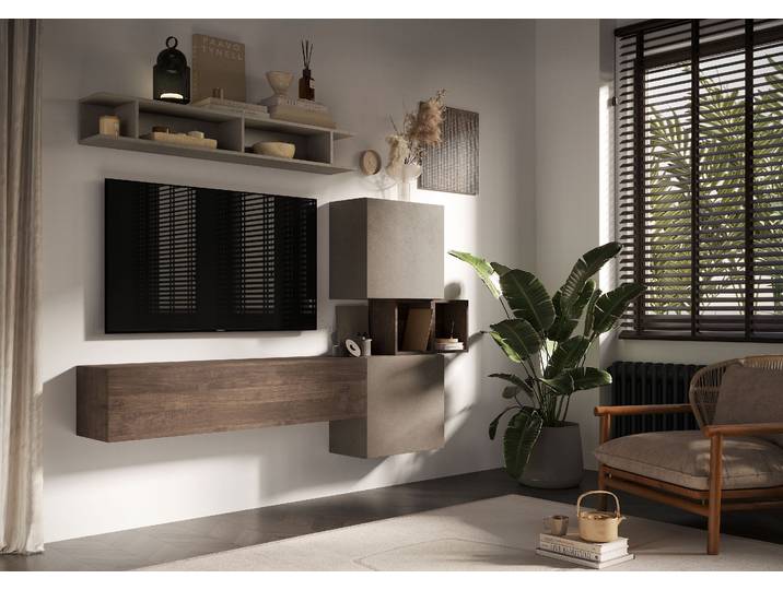 Wohnwand HOME AFFAIRE Infinity, 5tlg. Breite 215 cm, Höhe variabel, Schrankwand, Anbauwand , braun (lehmfarben (argilla), mercure nb holzstruktur), B:215cm H:190cm T:30cm, Kastenmöbel-Sets, Wohnwand, (Lowboard hängend, 2x Hängewürfel, Würfelregal Set, Wandregal)