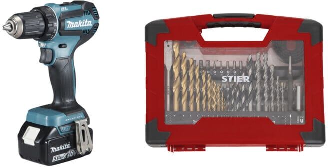 Set Makita Akku-Bohrschrauber 18V / 3,0 Ah DDF485RFJ + STIER TiN-Bohrer-, Säge- und Bit-Set 100-teilig