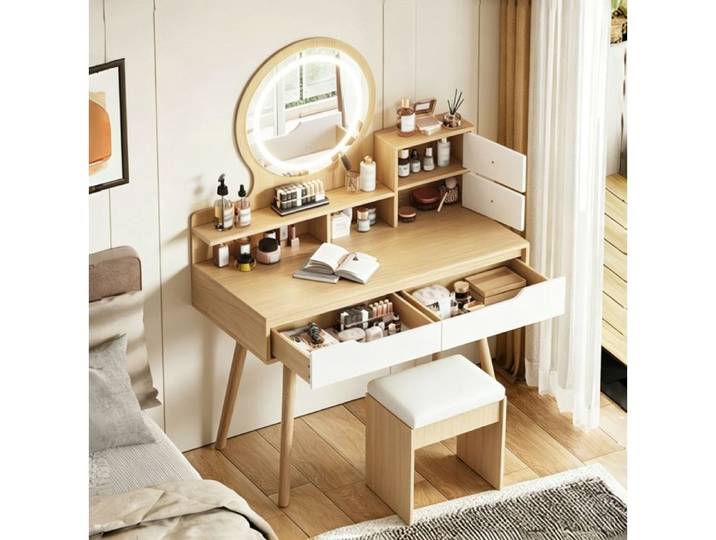 WOVREO Coiffeuse 80x40x135 cm avec miroir LED tabouret rembourré 4 tiroirs MDF bois naturel