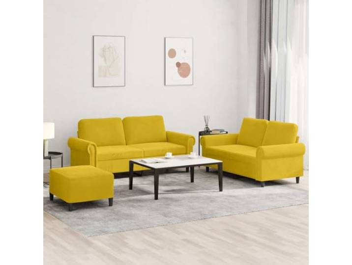 HEFZGDB 3-TLG. Sofagarnitur mit Kissen Gelb Samt, Weiches Samtstoff Sofa Set mit Robustem Gestell, Bequeme Polsterung für Wohnzimmer, Vielseitiger Hocker als Sitzgelegenheit,