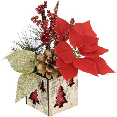 Winterliche Kunstpflanze I.GE.A. "Gesteck mit Poinsettia im Topf, Weihnachtsstern, Weihnachtsdeko", rot, H:26cm Ø:15cm, Kunststoff, Polyester, Kunstpflanzen, Kunstblumen-Gesteck mit Beeren, Zapfen und Tannenzweigen