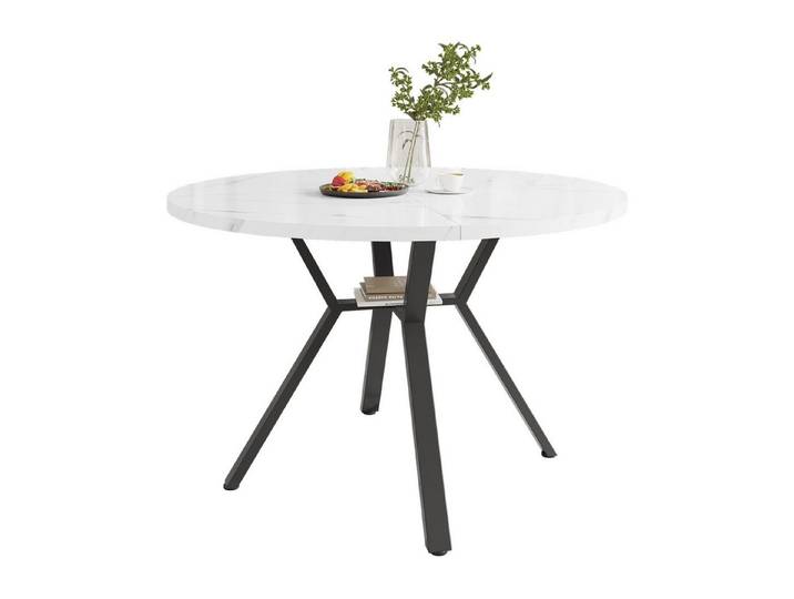 Tongtong Esstisch runder Marmor-Esstisch(Durchmesser 1 m) mit schwarzer Metallhalterung (1 Tisch), schwarzer X-förmiger Tisch mit Metallhalterung, stabil und langlebig