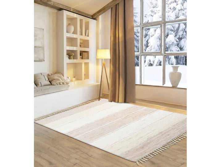 Teppich GOODPRODUCT Alizee , beige, B:160cm H:5mm L:230cm, Baumwolle, Teppiche, Teppich, Wendeteppich, reine Baumwolle, handgewebt, gestreift, mit Fransen